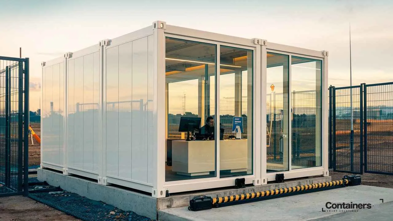 white colour security cabin made using white colour modular mobile container with glass window and door