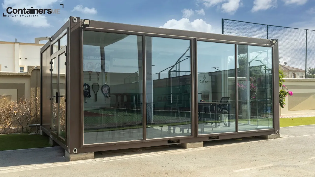 container pop up store made using modular mobile container with front side full glass