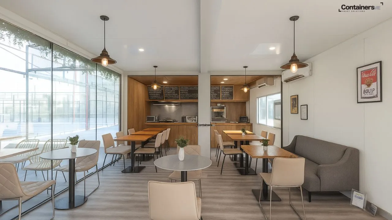 interior of a container restaurant made using modular mobile container located in uAE